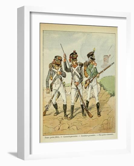 Young Guard: Conscript Grenadier, Tirailleur-Grenadier, and Flanqueur-Chasseur-Louis Bombled-Framed Art Print