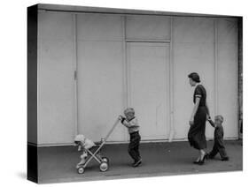 Young Housewife Walking with Her Three Children-Mark Kauffman-Stretched Canvas