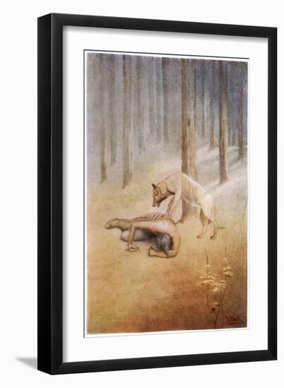 Young Indian Encounters His Totem Spirit "Utonagan" in the Form of a She-Wolf-James Jack-Framed Art Print