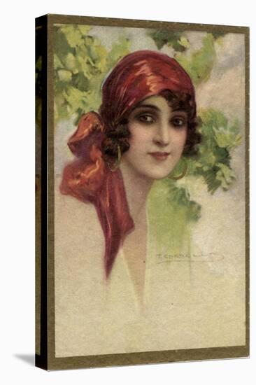 Young Italian Woman in a Red Headscarf-T Corbello-Stretched Canvas