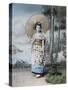 Young Japanese Girl in a Kimono and with a Parasol, Mt.Fuji in the Background, c.1900-Japanese Photographer-Stretched Canvas