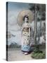 Young Japanese Girl in a Kimono and with a Parasol, Mt.Fuji in the Background, c.1900-Japanese Photographer-Stretched Canvas