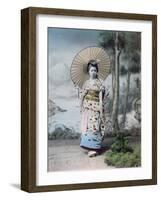 Young Japanese Girl in a Kimono and with a Parasol, Mt.Fuji in the Background, c.1900-Japanese Photographer-Framed Photographic Print
