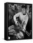 Young Japanese Nisei Playing Guitar in the Stockade at Tule Lake Segregation Center-Carl Mydans-Framed Stretched Canvas