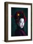 Young Japanese Woman as Geisha on Dark Green Background. Retro Style, Comparison of Eras Concept.-master1305-Framed Photographic Print