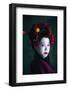 Young Japanese Woman as Geisha on Dark Green Background. Retro Style, Comparison of Eras Concept.-master1305-Framed Photographic Print