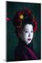 Young Japanese Woman as Geisha on Dark Green Background. Retro Style, Comparison of Eras Concept.-master1305-Mounted Photographic Print