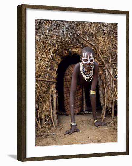 Young Karo Girl in the Doorway of Her Hut in the Village of Duss, Omo River, Southwestern Ethiopia-John Warburton-lee-Framed Photographic Print