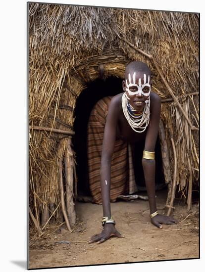 Young Karo Girl in the Doorway of Her Hut in the Village of Duss, Omo River, Southwestern Ethiopia-John Warburton-lee-Mounted Photographic Print