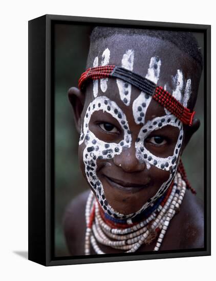 Young Karo Girl Shows Off Her Attractive Make Up, Omo River, Southwestern Ethiopia-John Warburton-lee-Framed Stretched Canvas