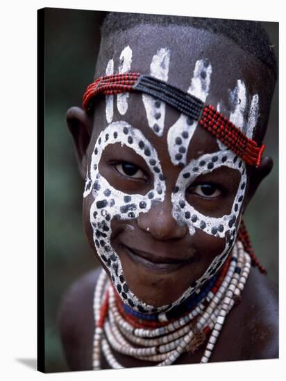 Young Karo Girl Shows Off Her Attractive Make Up, Omo River, Southwestern Ethiopia-John Warburton-lee-Stretched Canvas