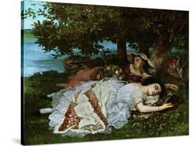 Young ladies on the banks of the Seine River. (1856).-Gustave Courbet-Stretched Canvas