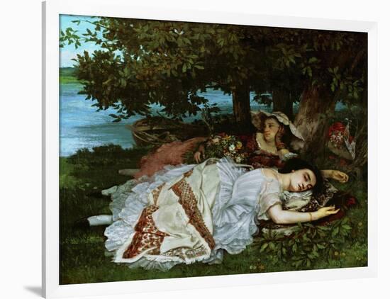 Young ladies on the banks of the Seine River. (1856).-Gustave Courbet-Framed Giclee Print