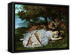 Young ladies on the banks of the Seine River. (1856).-Gustave Courbet-Framed Stretched Canvas