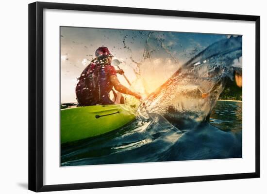 Young Lady Paddling Hard the Kayak with Lots of Splashes-Dudarev Mikhail-Framed Photographic Print