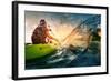 Young Lady Paddling Hard the Kayak with Lots of Splashes-Dudarev Mikhail-Framed Photographic Print