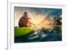 Young Lady Paddling Hard the Kayak with Lots of Splashes-Dudarev Mikhail-Framed Photographic Print