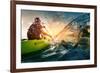 Young Lady Paddling Hard the Kayak with Lots of Splashes-Dudarev Mikhail-Framed Photographic Print