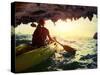 Young Lady Paddling the Kayak from Limestone Cave towards Open Sea-Dudarev Mikhail-Stretched Canvas