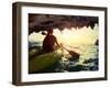 Young Lady Paddling the Kayak from Limestone Cave towards Open Sea-Dudarev Mikhail-Framed Photographic Print