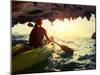 Young Lady Paddling the Kayak from Limestone Cave towards Open Sea-Dudarev Mikhail-Mounted Photographic Print