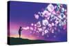 Young Man Blowing Glowing Soap Bubbles against Evening Sky,Illustration Painting-Tithi Luadthong-Stretched Canvas