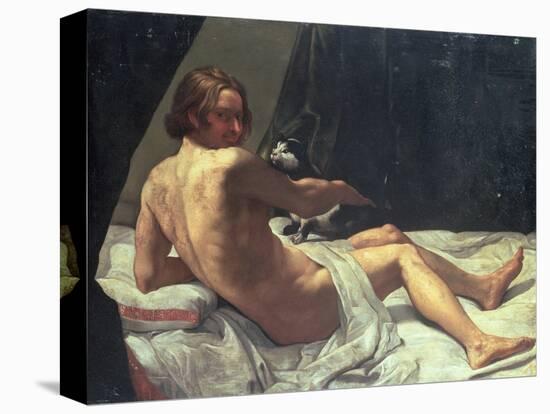 Young Man Lying on a Bed with a Cat, 1620-Giovanni Lanfranco-Stretched Canvas