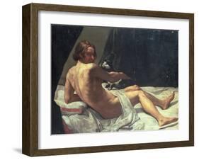 Young Man Lying on a Bed with a Cat, 1620-Giovanni Lanfranco-Framed Giclee Print