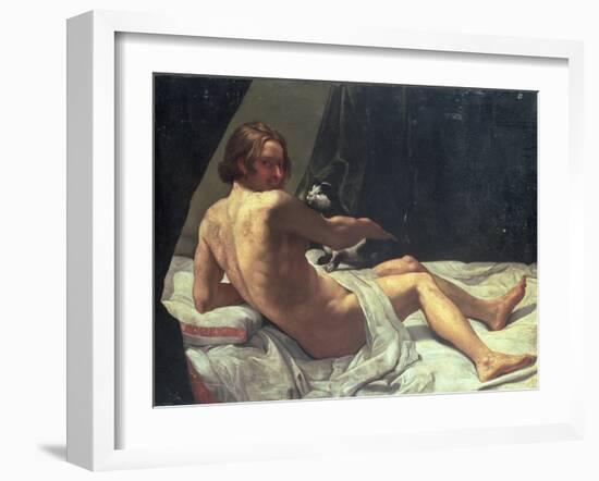 Young Man Lying on a Bed with a Cat, 1620-Giovanni Lanfranco-Framed Giclee Print