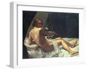 Young Man Lying on a Bed with a Cat, 1620-Giovanni Lanfranco-Framed Giclee Print