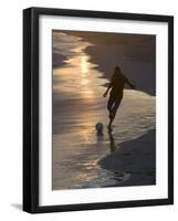 Young Man Playing Football at Sandbeach in Twilight, Santa Maria, Sal, Cape Verde, Africa-Michael Runkel-Framed Photographic Print