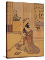 Young Man Playing the Drum-Suzuki Harunobu-Stretched Canvas