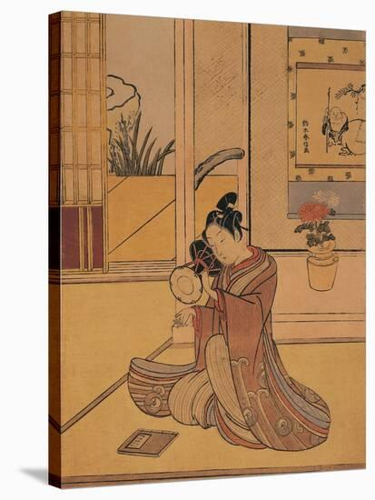 Young Man Playing the Drum-Suzuki Harunobu-Stretched Canvas