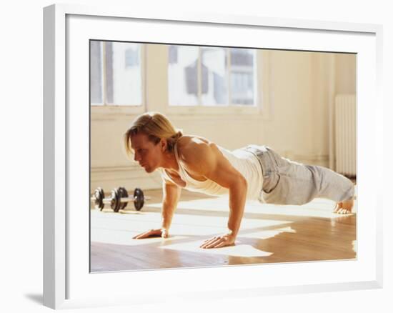 Young Man Preforming Push Up Exercise in Gym, New York, New York, USA-Chris Trotman-Framed Photographic Print