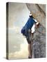 Young man rock climbing up a vertical cliff-null-Stretched Canvas