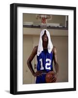 Young Man Standing Holding a Basketball with a Towel on His Head-null-Framed Photographic Print