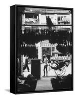 Young Man Standing in Front of a Herbs and Fish Market Displaying Racks of Fish-Howard Sochurek-Framed Stretched Canvas