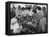 Young Married Couples Enjoying a Backyard Buffet Feast on Picnic Table-null-Framed Stretched Canvas