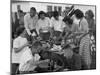 Young Married Couples Enjoying a Backyard Buffet Feast on Picnic Table-null-Mounted Photographic Print