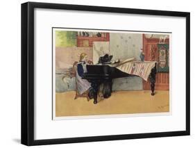 Young Member of the Larson Household Does Her Piano Practice While Papa Paints Her-Carl Larsson:-Framed Art Print