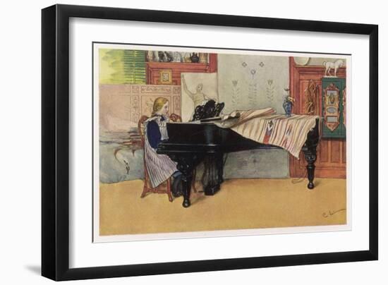 Young Member of the Larson Household Does Her Piano Practice While Papa Paints Her-Carl Larsson:-Framed Art Print