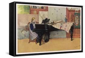 Young Member of the Larson Household Does Her Piano Practice While Papa Paints Her-Carl Larsson:-Framed Stretched Canvas