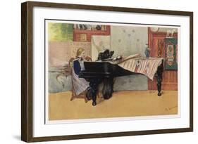 Young Member of the Larson Household Does Her Piano Practice While Papa Paints Her-Carl Larsson:-Framed Art Print