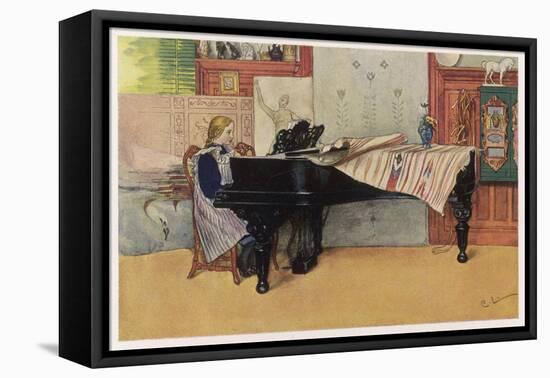 Young Member of the Larson Household Does Her Piano Practice While Papa Paints Her-Carl Larsson:-Framed Stretched Canvas
