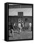 Young Men Playing Basketball with a Homemade Basket in a Farmyard-null-Framed Stretched Canvas