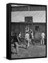 Young Men Playing Basketball with a Homemade Basket in a Farmyard-null-Framed Stretched Canvas