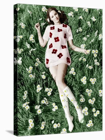 Young Model Biddy Lampard in the Grass Wearing a Short Dress (With Daisies) Inspired by Courreges-null-Stretched Canvas