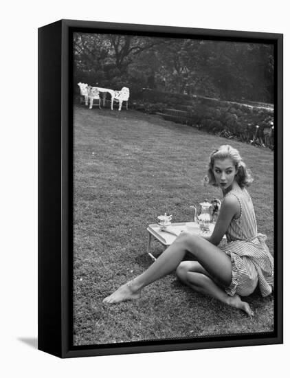 Young Model Wearing a Short, Striped Nightgown with Bottoms Attached Underneath-Nina Leen-Framed Stretched Canvas