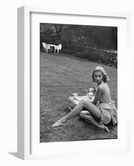 Young Model Wearing a Short, Striped Nightgown with Bottoms Attached Underneath-Nina Leen-Framed Photographic Print