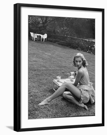 Young Model Wearing a Short, Striped Nightgown with Bottoms Attached Underneath-Nina Leen-Framed Photographic Print